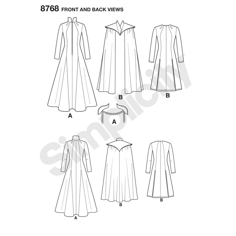 May include: A sewing pattern for a long, flowing coat with a high collar and a cape. The pattern includes front and back views of the garment. The pattern number is 8768.