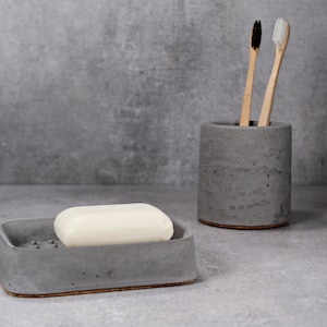 Nordic concrete set | Charcoal bathroom decor | Minimal soap dish | Cement toothbrush holder | Modern scandi decor