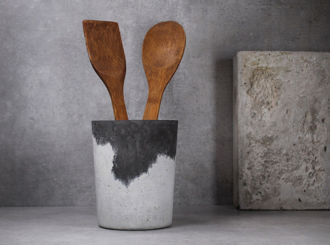 Concrete kitchen utensil holder Grey and charcoal utensil Etsy