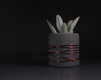 Copper Wire Concrete Pot, Charcoal Cement Planter, Minimalist Modern Decor
