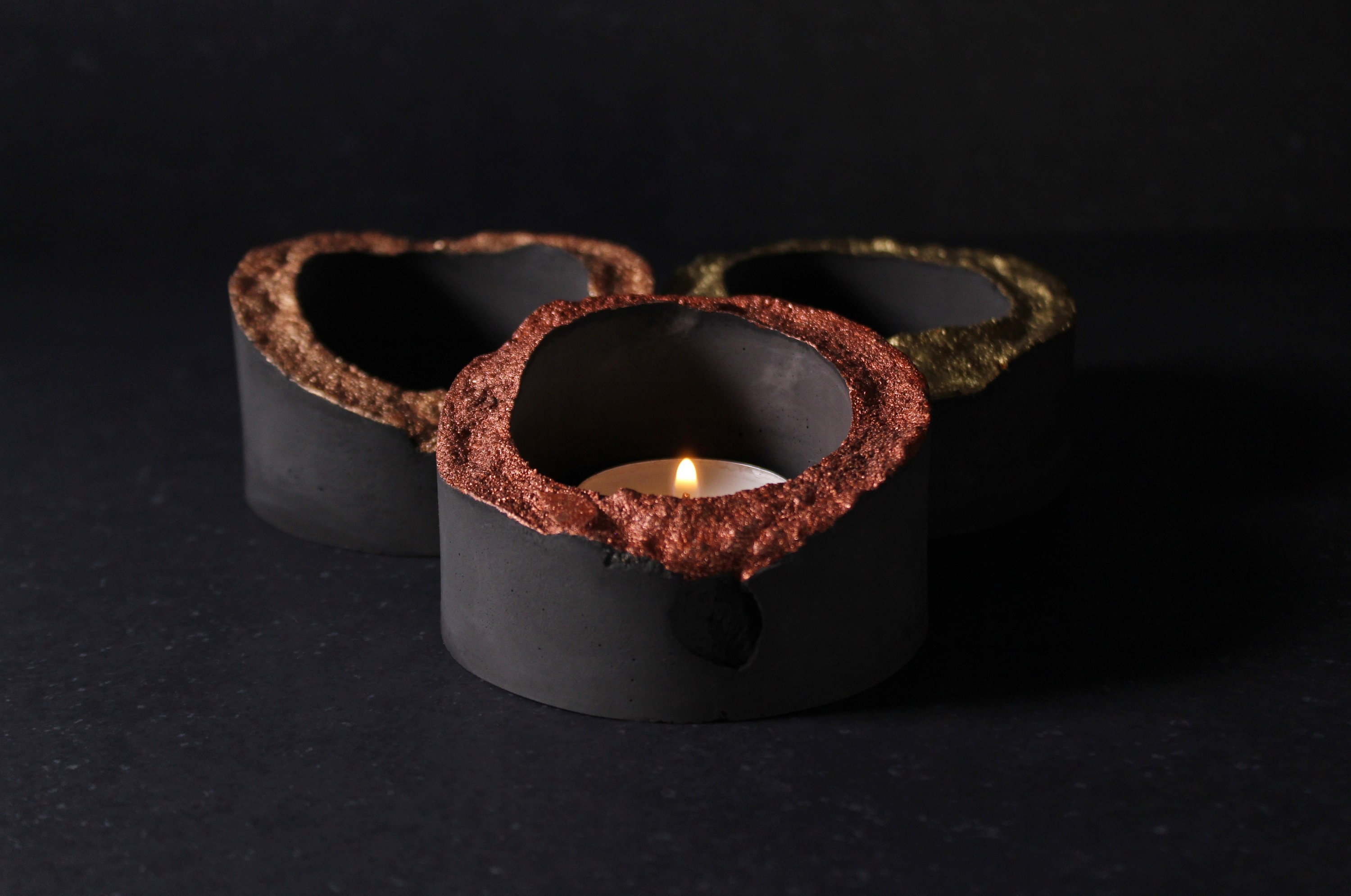 Magma Concrete Candle Vessel, Mantle Copper Low Tealight Holder, Modern Decor | Volcano Collection