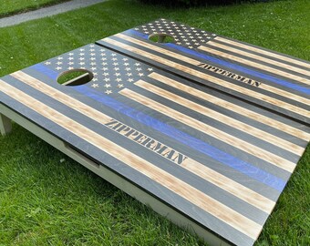 Custom Thin Blue Line Cornhole Board  - Personalized Cornhole, Hand Painted