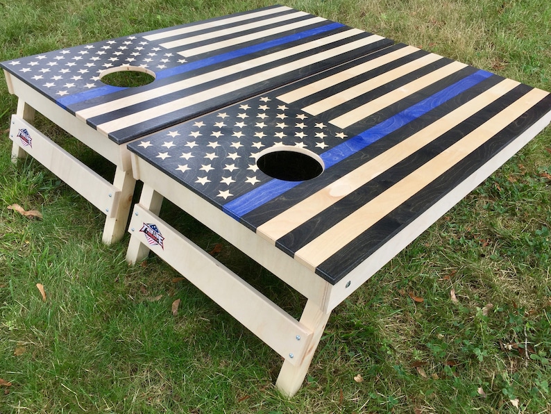 Thin Blue Line Cornhole Boards- police cornhole boards, custom corn hole, thin blue line american flag, hand painted, ACA specifications 