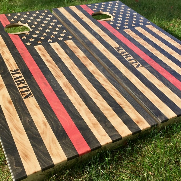 Distressed Thin Red Line Cornhole Boards Personalized - Cornhole Boards, Custom Cornhole Set, Firefighter Cornhole, Thin Red Line Corn Hole
