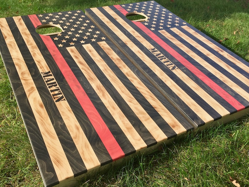 Distressed Thin Red Line Cornhole Boards Personalized - Cornhole Boards, Custom Cornhole Set, Firefighter Cornhole, Thin Red Line Corn Hole 
