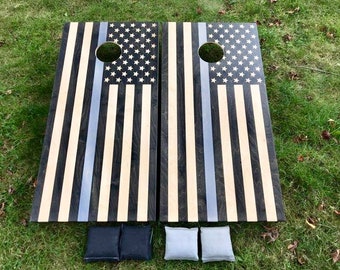 Thin Silver Line Cornhole Boards-Corrections Officer, American Flag Boards, Thin Silver Corn Hole, Law Enforcement, Police Corn Toss, LEO