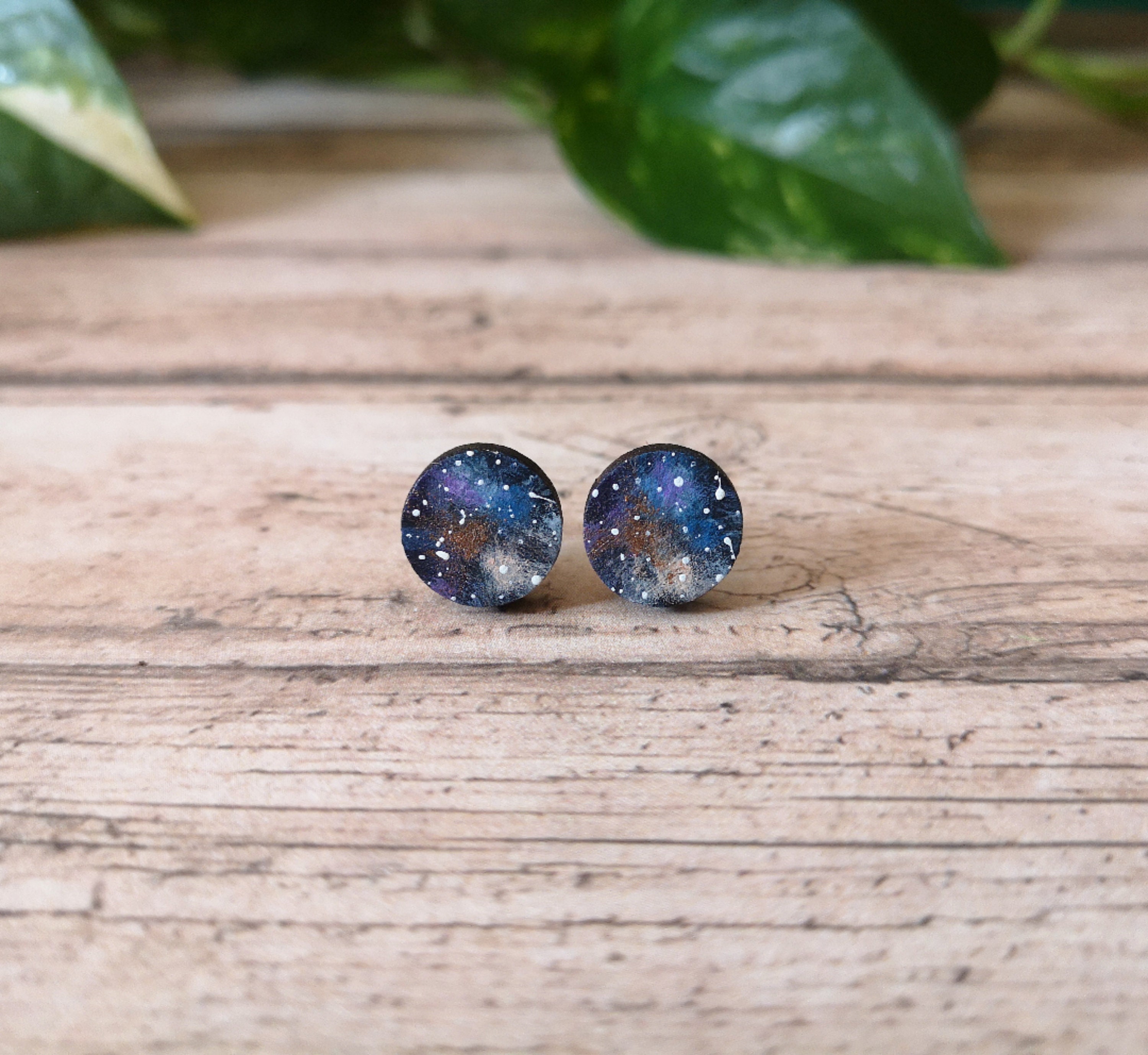 Unique Universe earrings, Galaxy earrings, Wooden earrings, Unique earrings, Titanium earrings, Stud earrings, Anniversary gift