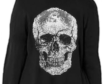 Maxi long cardigan en tricot uni avec motif tête de mort en cristal strass argenté et noir