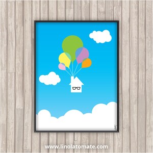 May include: A white house with black glasses is floating in the sky with colourful balloons. The house is surrounded by white clouds against a blue sky.