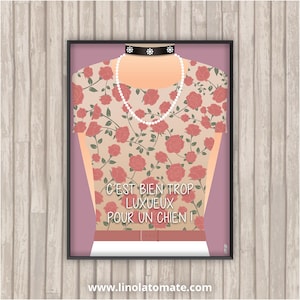 Può includere: Un'illustrazione rosa e beige di una persona che indossa una camicia con stampa floreale, una collana di perle, un choker nero, una cintura marrone e pantaloni bianchi. Il testo "C'EST BIEN TROP LUXUEUX POUR UN CHIEN!" è scritto sotto la persona.