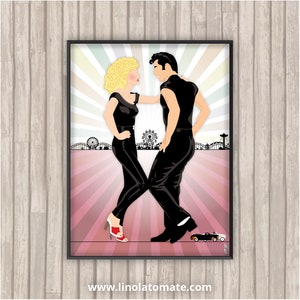 Può includere: Un'illustrazione in bianco e nero di una coppia che balla davanti a uno sfondo a strisce rosa e bianco. L'uomo indossa una camicia nera e pantaloni neri. La donna indossa un vestito nero e scarpe rosse. C'è una piccola macchina nera nell'angolo in basso a destra dell'immagine.