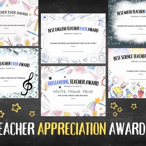 Printable Teacher Appreciation Awards, Teacher Thank You Gift, End of Year Gift for Teacher, Printable Award Certificates for Teacher