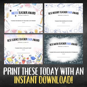 Printable Teacher Appreciation Awards, Teacher Thank You Gift, End of ...
