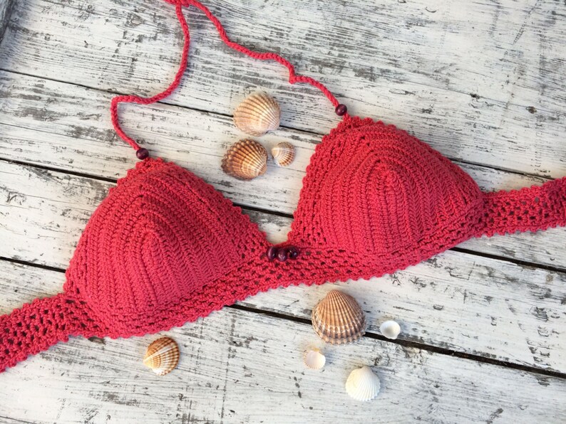 Crochet Bikini Coral Red Bikini Triangle Bikini Etsy
