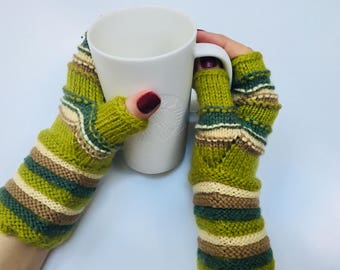 Fingerless gloves green, stripes gloves, knit arm warmers,hand knit gloves