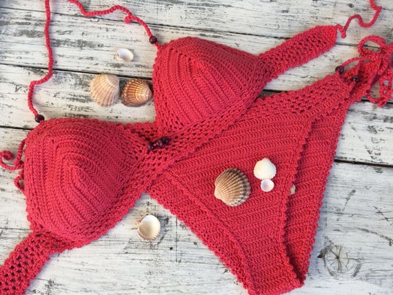Crochet Bikini Coral Red Bikini Triangle Bikini | Etsy
