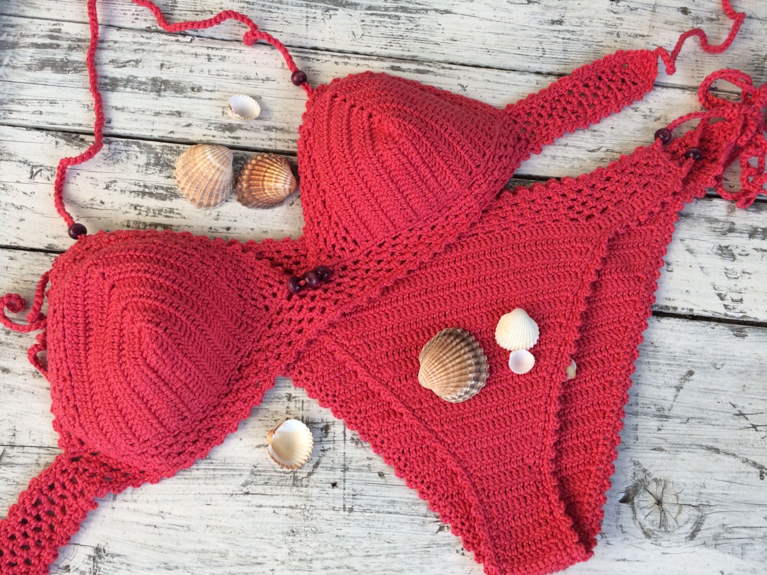 Crochet bikini Coral red bikini Triangle bikini | Etsy