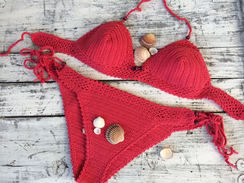 Crochet Bikini Coral Red Bikini Triangle Bikini Etsy