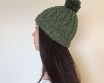Hand Knit Beanie ...Green Winter hat...Knitted Beanie with Pom Pom