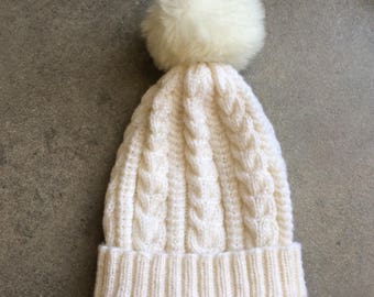 White Winter Hat...Hand Knit Beanie...Cable Knit Winter Hat with Pom Pom