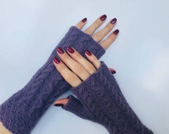 Knit purple fingerless gloves, cable knitted armwarmers, handknit handwarmers, womens mittens, gift for her, christmas idea