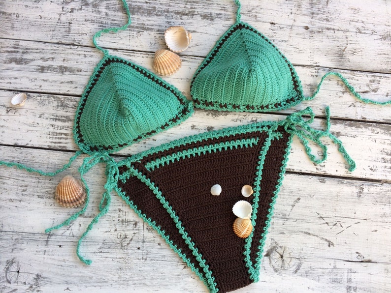 Bikini de ganchillo Boho traje de baño turquesa y marrón | Etsy