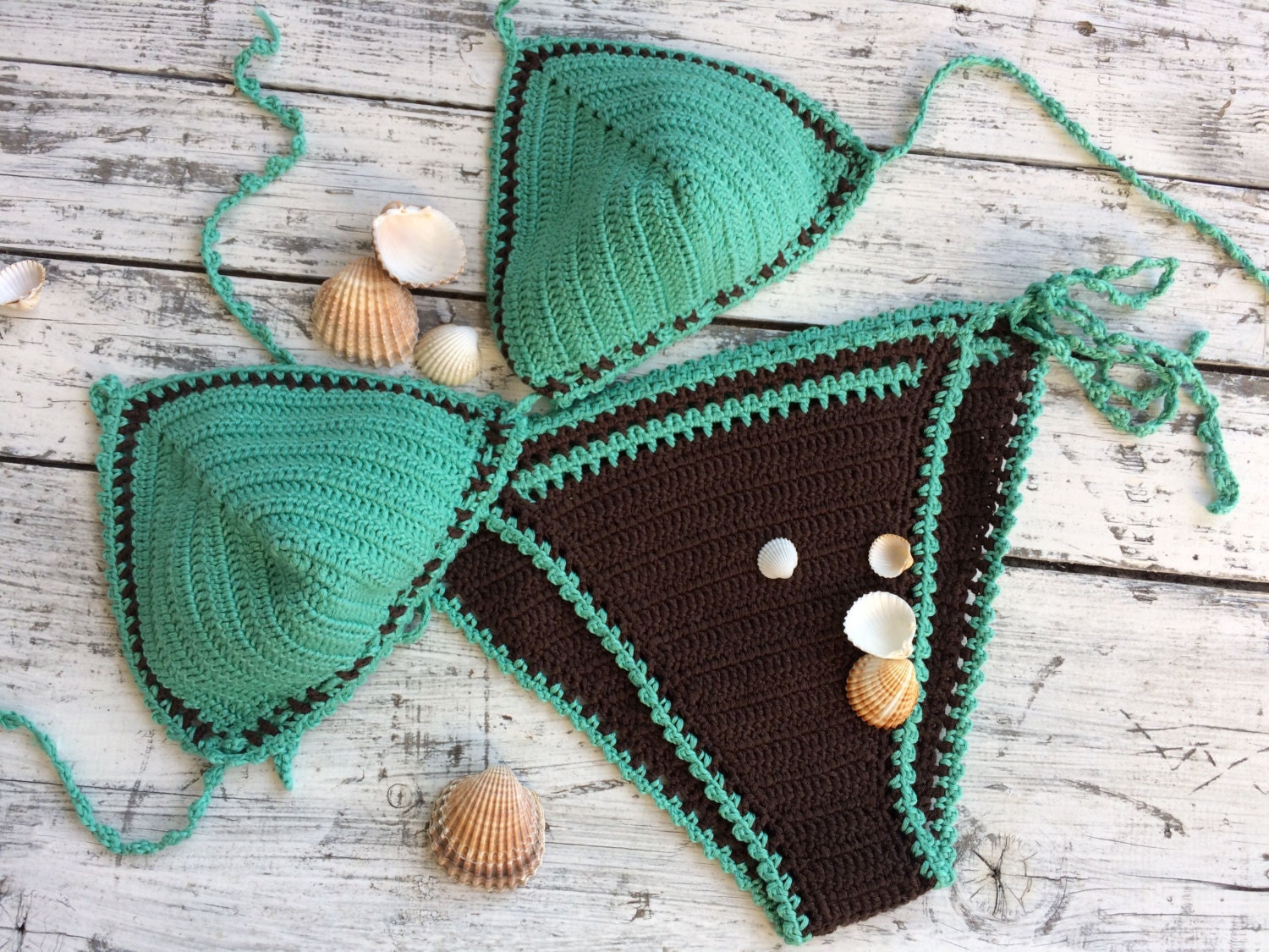 Bikini de ganchillo Boho traje de baño turquesa y marrón | Etsy