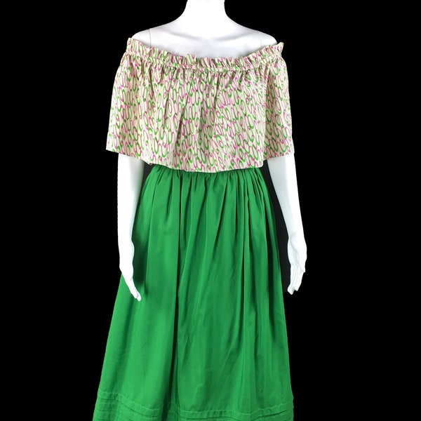 Morty Sussman for Mollie Parnis Boutique Green Pink Cream 50s / 60s Off Shoulder Cottage Core Gown Size Small Medium