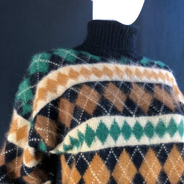 1970s Rafaella Fuzzy Angora Blend Green Brown Black Argyle Turtleneck Sweater - US Size Large / PLUS