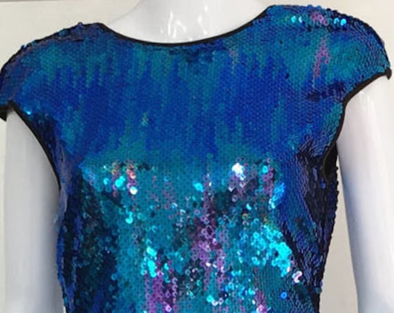 Casadei Super Hot Bodycon 1980s Sequined Irridescent Blue Cocktail Dress  (SKU10259CL)