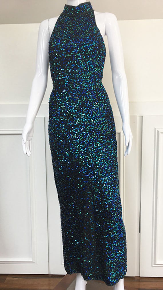 Laurence Kazar Glorious Green and Blue 1990s Sequined Standing Collar Racer Back Evening Gown (SKU 10488CL)