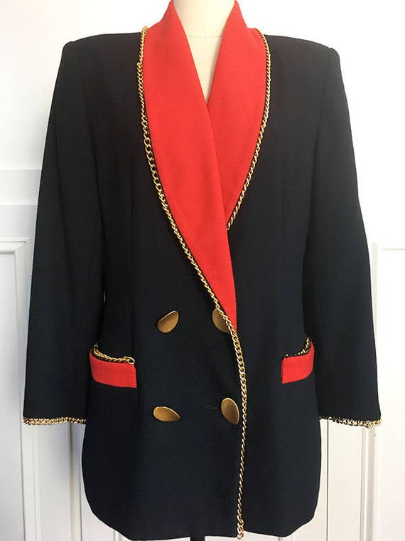 Lillie Rubin Exclusive Red and Black 1980s Blazer Jacket with Goldtone Chains Size 10  (SKU 10568CL)