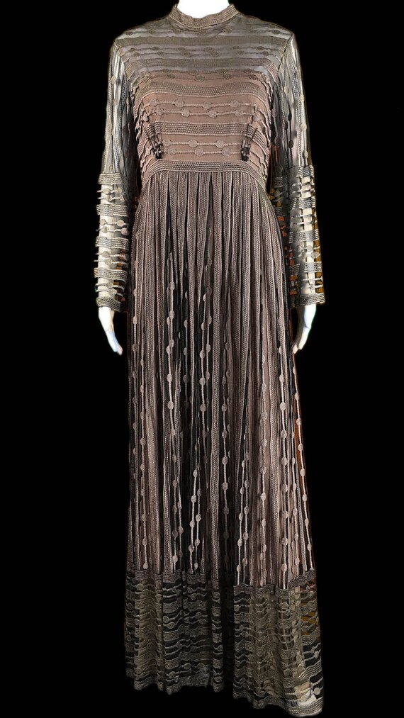 Alfred Bosard for Stanley Korshak Chicago 1970s Black Brown Arts and Crafts Style Lace Evening Gown  (10161CL)