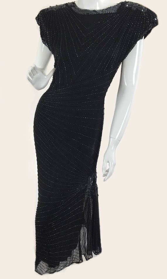 Oleg Cassini Black Silk Spectacularly Beaded 1980s Cocktail Dress with Large Keyhole Back and Fishtail Hemline Size 6 (SKU 10029CL)