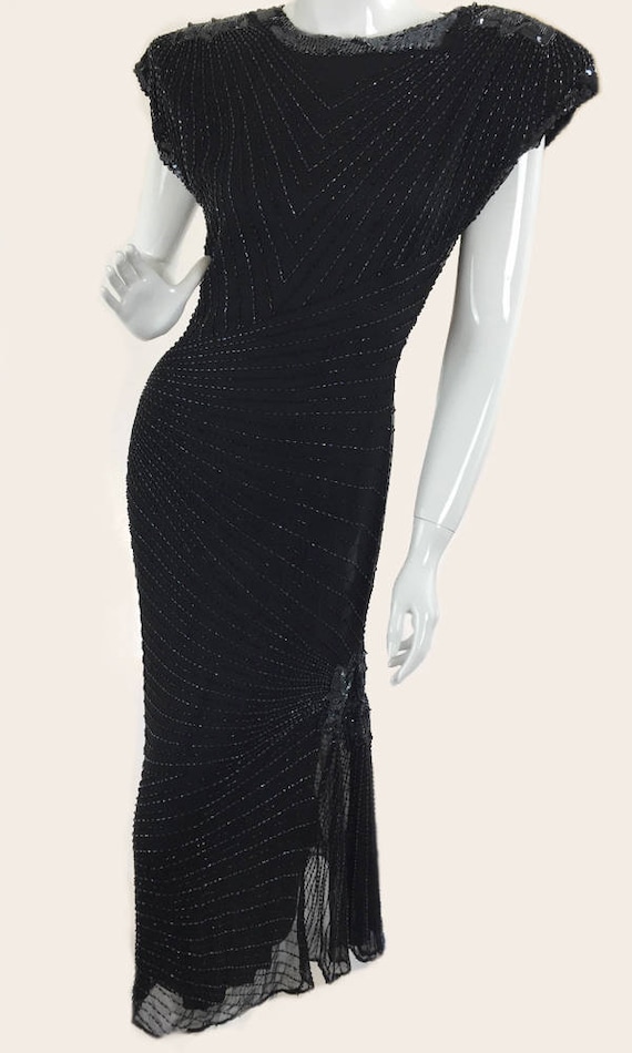 Oleg Cassini Black Silk Spectacularly Beaded 1980s