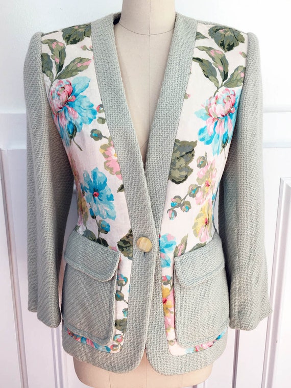 1980s 1990s Galanos Pale Green Silk Wool Floral Ja