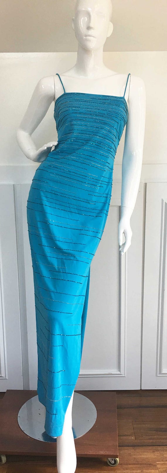 De Laru by Shelia Yen Bright Robins Egg Blue 1990s Slinky Beaded Gown by Shelia Yen Size 5  (SKU 10127CL)