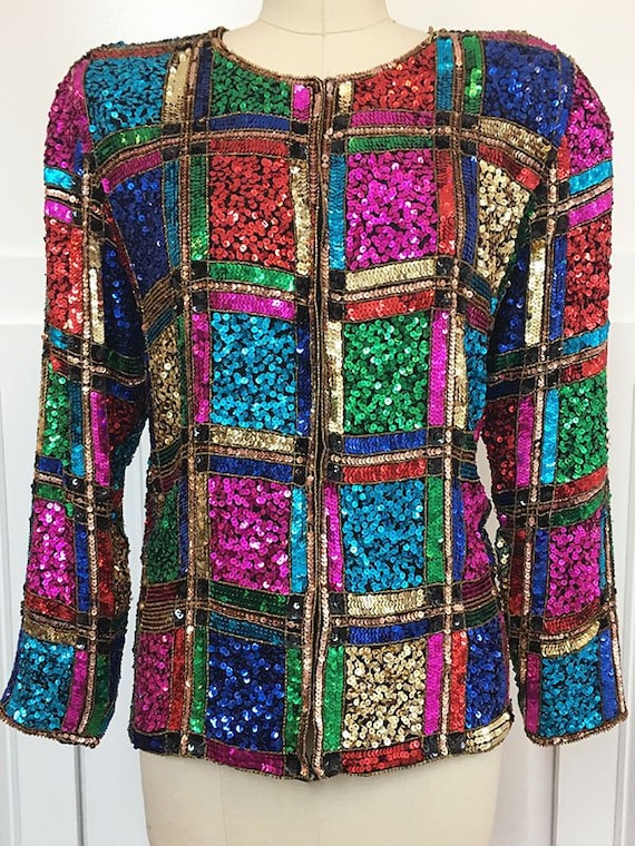 Robert Anthony 1980s Color Block Sequined Beaded Cocktail Evening Jacket Size Medium OVERSIZED