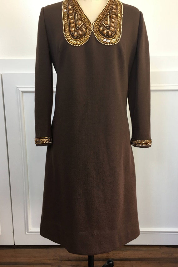 Mr. Blackwell 1960s Custom Couture Brown Knit Dress Heavily Beaded l SequinedPeter Pan Collar PLUS Size