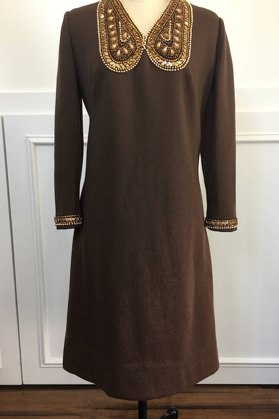 Mr. Blackwell 1960s Custom Couture Brown Knit Dress Heavily Beaded l SequinedPeter Pan Collar PLUS Size