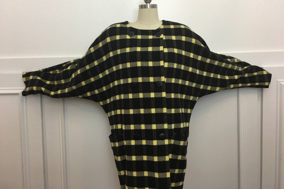 Escada Vintage 1980s Black Yellow Plaid Luxe Wool Oversized Cocoon Coat  - Size EU 40 / PLUS Size