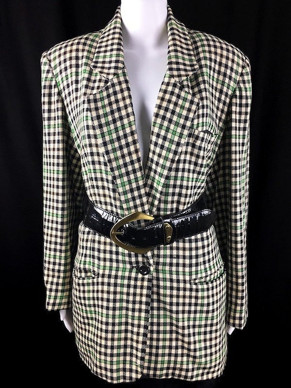 Emanuel Emanuel Ungaro 1990s (Pre-1994) Forest Green Black and Ivory Plaid Boyfriend Blazer Like New! PLUS SIZE  (SKU 10423CL)