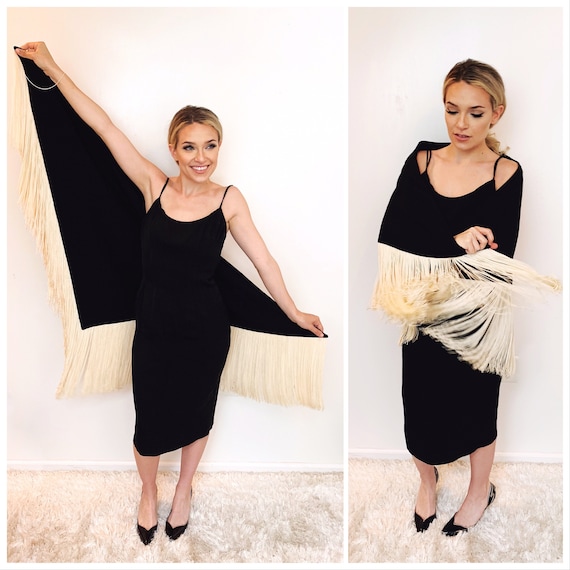 Mr Blackwell Design Rare 1950’s Black Wiggle Dress and Matching Shawl with Off White Fringe - Sz 10 (SKU 11022CL)