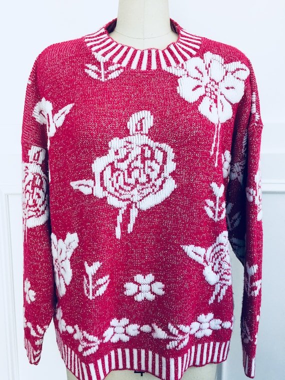 Glamour Knit Pink Poinsettia Glittery Lurex1970s Christmas Sweater Plus Size (SKU 10583CL)