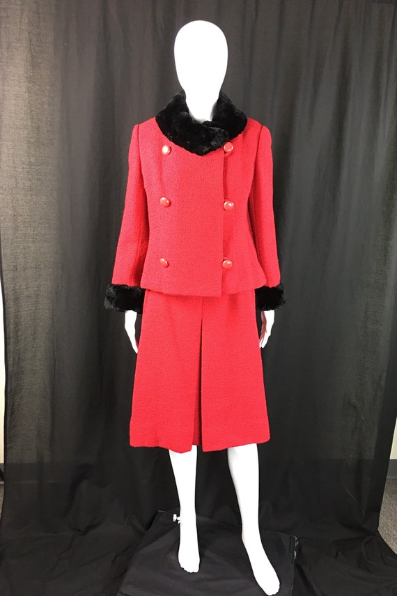 Early 1960s Jack Feit New York Red Boucle Wool Skirt Suit with Black Fur Trim from Lord & Taylor ILGWU Union Made in USA - US Size 12