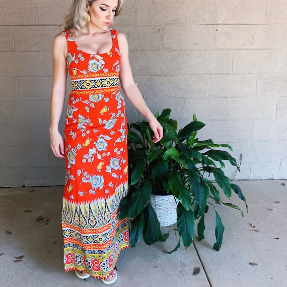 1970s Vintage Lanz Original Neon Orange Hawaiian Tropical Floral Print Sleeveless Maxi Dress Size 7