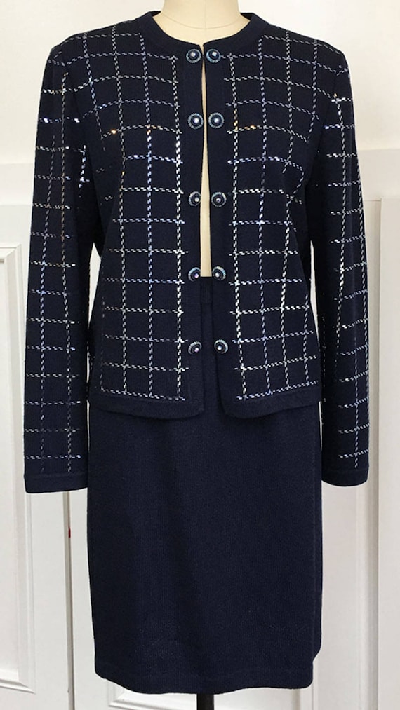 Shimmering Navy St. John Evening Basic Knit Skirt Suit Ensemble with Aurora Borealis Buttons Size 6  (SKU 10074CL)