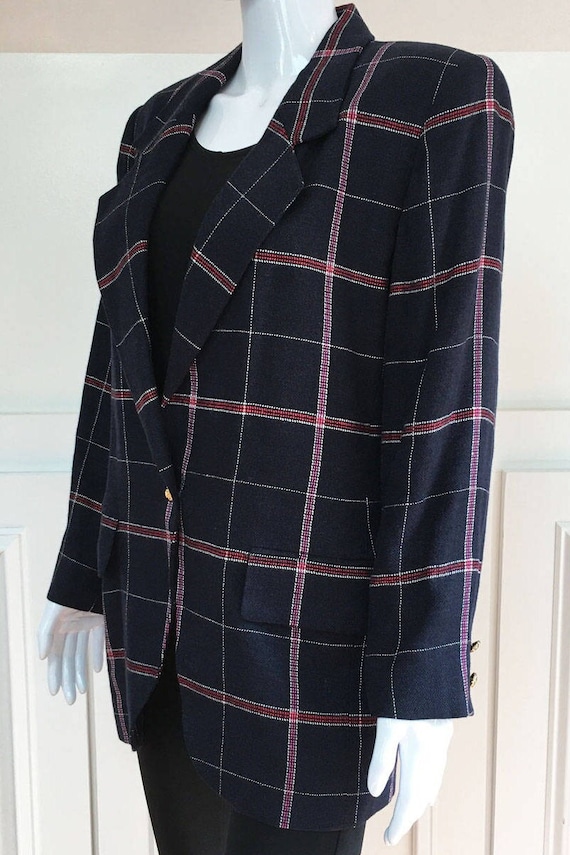 Ungaro Ter 1990s Navy Blue Burgundy White Plaid Wool Linen Blend Boyfriend Blazer - Size US 6 ( But VERY Oversized! )