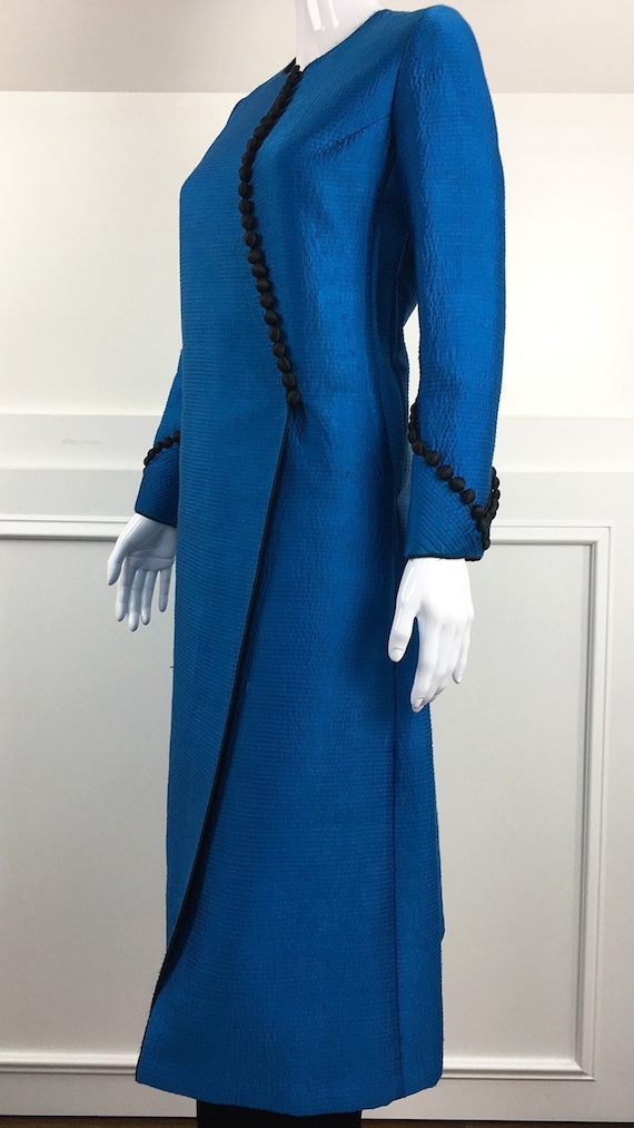 1980s Mary McFadden Couture Brilliant Blue Silk Asian Style Quilted Silk Evening Coat Jacket Duster Approx Size Large