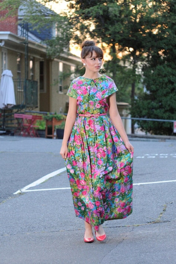 Paris Couture 1940s Blum's-Vogue Chicago Silk Pink Green Blue Vibrant Monet Floral Print Gown